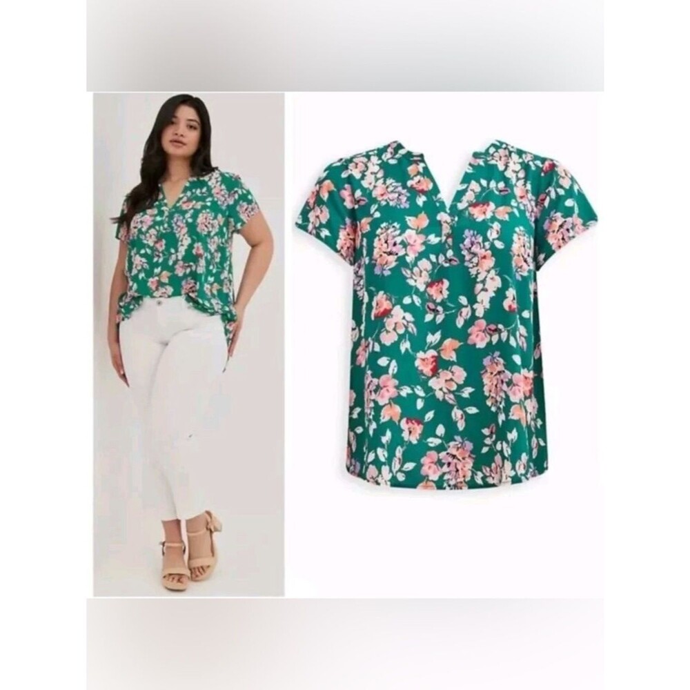 Torrid Green Floral Georgette Hi-Low Short Sleeve Blouse